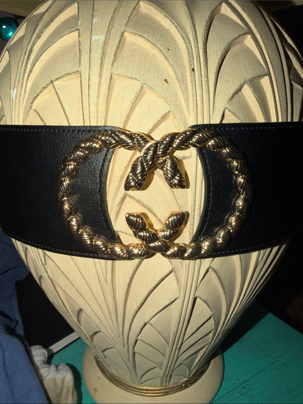 Wide Black Elastic Belt with Twisted Gold Double-Ring Buckle